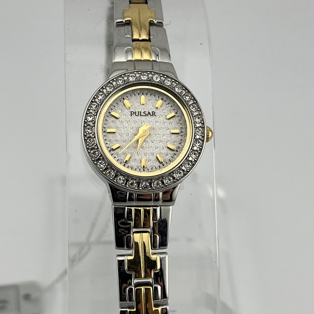 Pulsar Swarovoski Crystal Watch Women‎ 20mm Case Two Tone Flip Band- New Battery